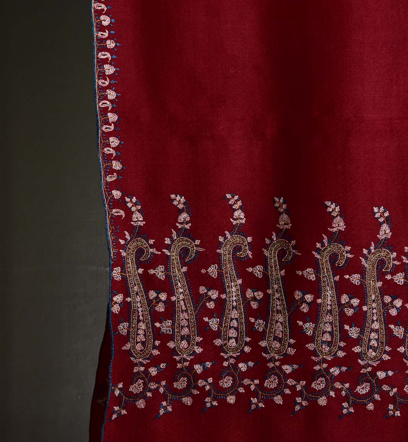 Maroon Pashmina Shawl with Contrasting Paisley Embroidery