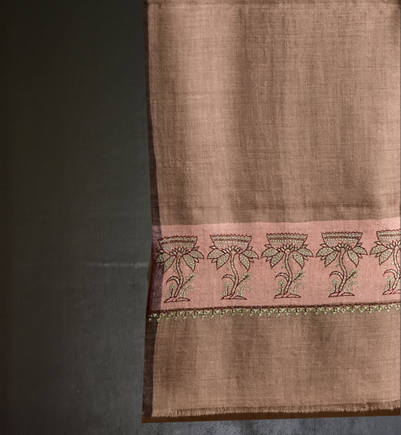 Natural Pashmina Shawl with Pink Borders and Fine Embroidery - Image 2