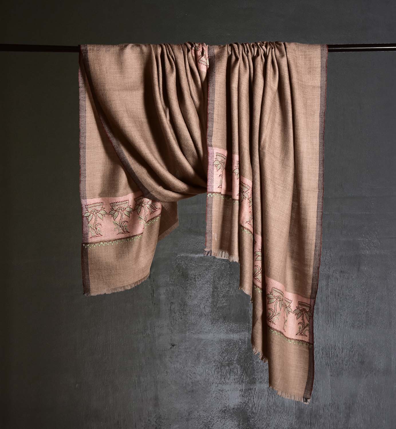 Natural Pashmina Shawl with Pink Borders and Fine Embroidery