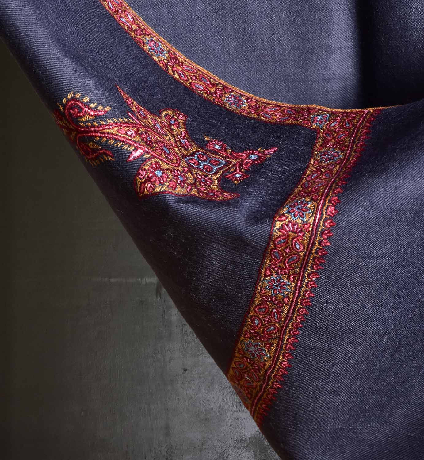 Dark Grey Pashmina Shawl with Stunning Corner Floral Motifs