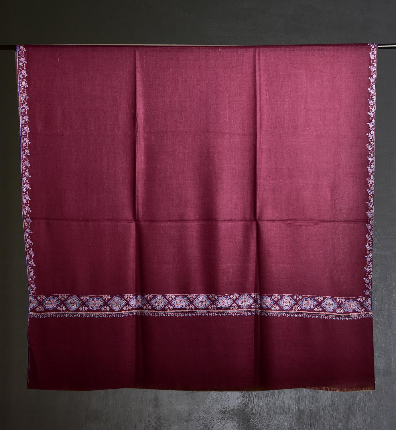Burgundy Pashmina Shawl with Sozni Embroidery