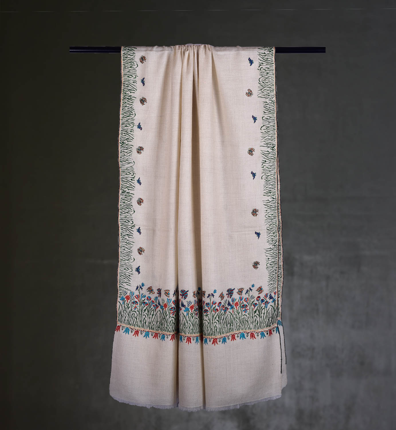 Verdant Bloom — White Pashmina Shawl with Forest Green Tulip Embroidery - Image 2